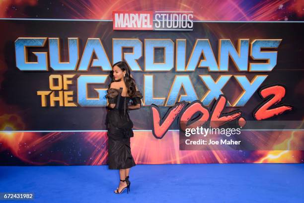 Zoe Saldana attends the European Gala Screening of "Guardians of the Galaxy Vol. 2" at Eventim Apollo on April 24, 2017 in London, United Kingdom.