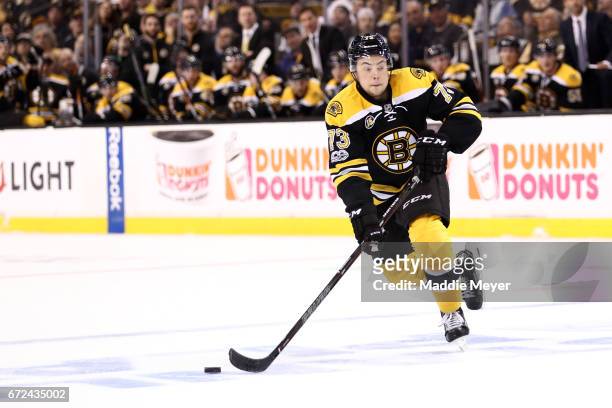 Charlie McAvoy of the Boston Bruins skates against the Ottawa Senators during the first period of Game Six of the Eastern Conference First Round...