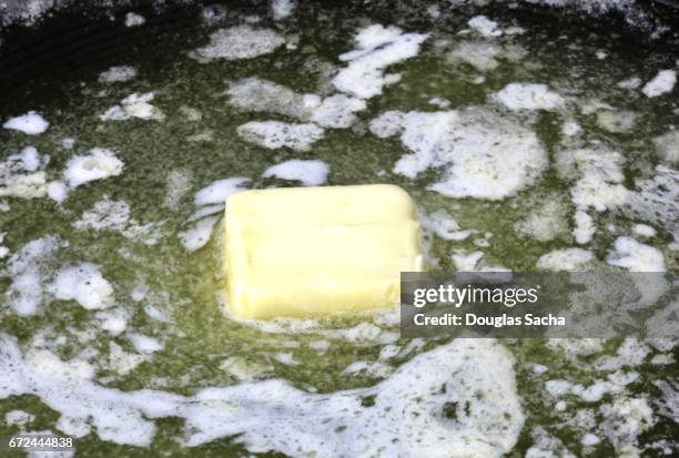 extreme close-up of butter melting on in a pan - lard stock pictures, royalty-free photos & images