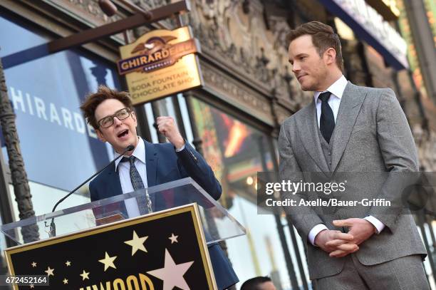 Writer/director James Gunn and actor Chris Pratt attend the ceremony honoring Chris Pratt with a star on the Hollywood Walk of Fame on April 21, 2017...