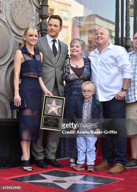 Actor Chris Pratt, wife Anna Faris, son Jack Pratt, mom Kathy Pratt and brother Cully Pratt attend the ceremony honoring Chris Pratt with a star on...