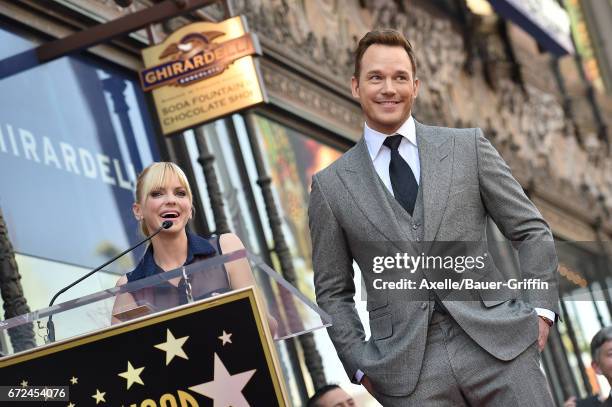 Actors Anna Faris and Chris Pratt attend the ceremony honoring Chris Pratt with a star on the Hollywood Walk of Fame on April 21, 2017 in Hollywood,...