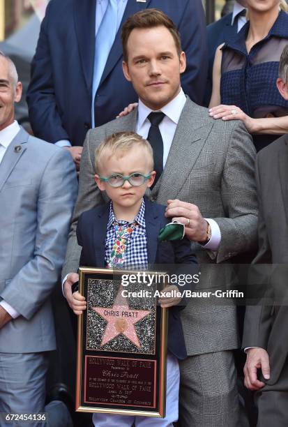 Actor Chris Pratt and son Jack Pratt attend the ceremony honoring Chris Pratt with a star on the Hollywood Walk of Fame on April 21, 2017 in...