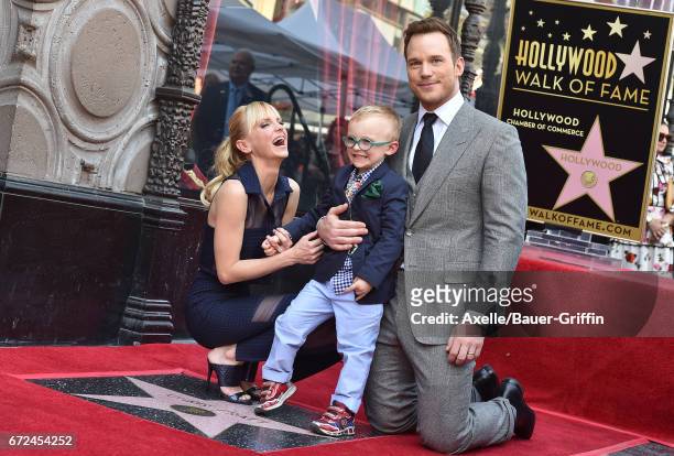 Actor Chris Pratt, wife Anna Faris and son Jack Pratt attend the ceremony honoring Chris Pratt with a star on the Hollywood Walk of Fame on April 21,...
