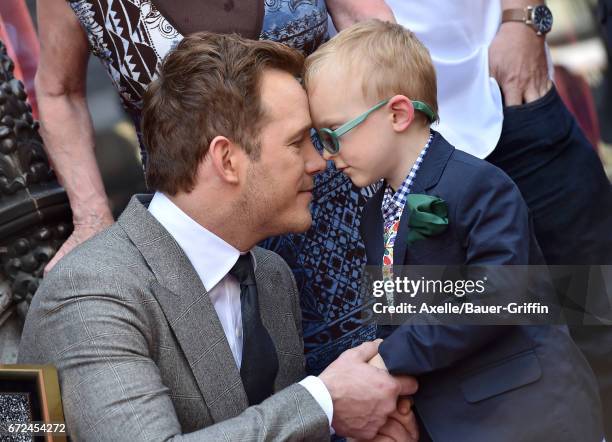 Actor Chris Pratt and son Jack Pratt attend the ceremony honoring Chris Pratt with a star on the Hollywood Walk of Fame on April 21, 2017 in...