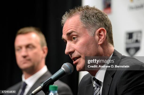 Los Angeles Kings Head Coach John Stevens addresses the media during a press conference naming him head coach of the team at STAPLES Center on April...