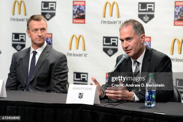 Los Angeles Kings Head Coach John Stevens addresses the media alongside Los Angeles Kings Vice President and General Manager Rob Blake during a press...