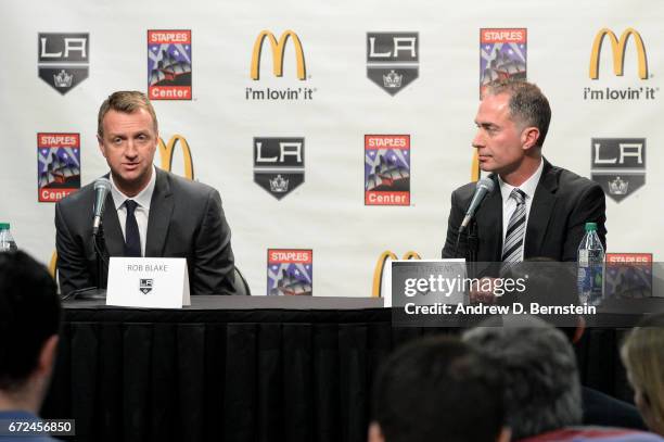 Los Angeles Kings Vice President and General Manager Rob Blake addresses the media alongside Los Angeles Kings Head Coach John Stevens during a press...