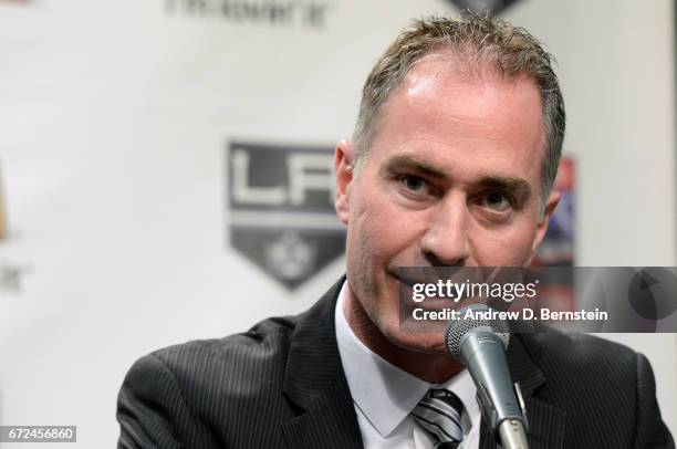 Los Angeles Kings Head Coach John Stevens addresses the media during a press conference naming him head coach of the team at STAPLES Center on April...