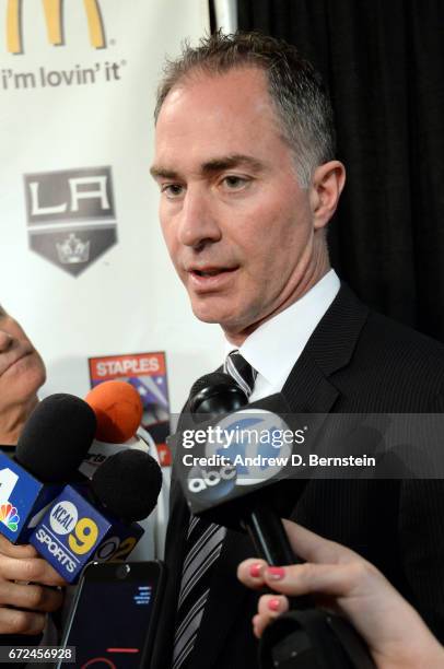 Los Angeles Kings Head Coach John Stevens addresses the media during a press conference naming him head coach of the team at STAPLES Center on April...