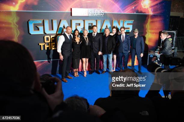 Dave Bautista, Zoe Saldana, Pom Klementieff, Chris Pratt, Kurt Russell, Karen Gillan, James Gunn and Michael Rooker attend the European Gala...