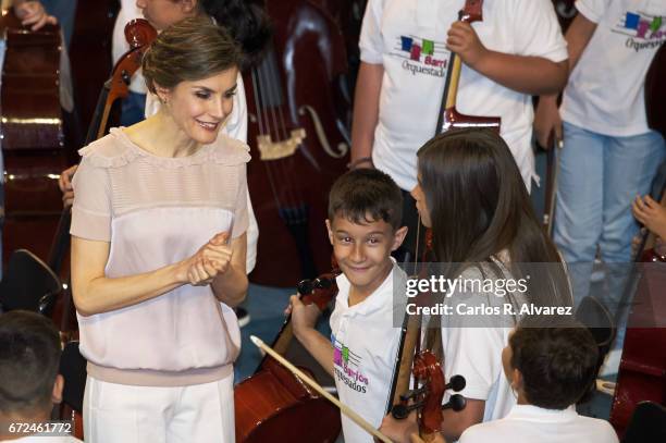 Queen Letizia of Spain attends the presentation of the 'Orchestrated Neighborhoods' at the El Batan stadium on April 24, 2017 in Las Palmas de Gran...