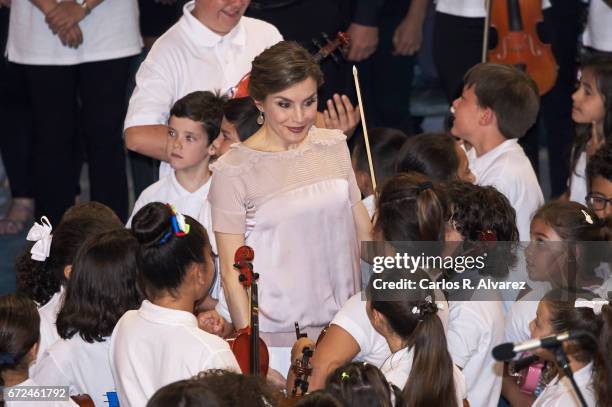 Queen Letizia of Spain attends the presentation of the 'Orchestrated Neighborhoods' at the El Batan stadium on April 24, 2017 in Las Palmas de Gran...