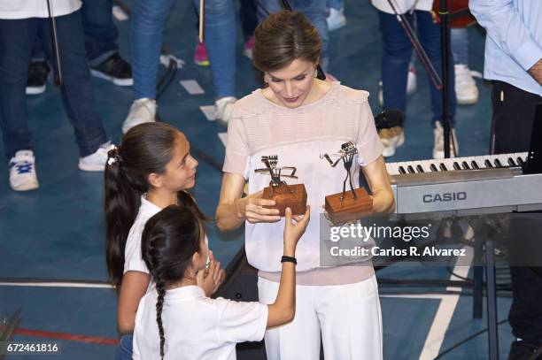 Queen Letizia of Spain attends the presentation of the 'Orchestrated Neighborhoods' at the El Batan stadium on April 24, 2017 in Las Palmas de Gran...