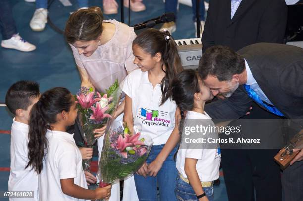 King Felipe VI of Spain and Queen Letizia of Spain attend the presentation of the 'Orchestrated Neighborhoods' at the El Batan stadium on April 24,...