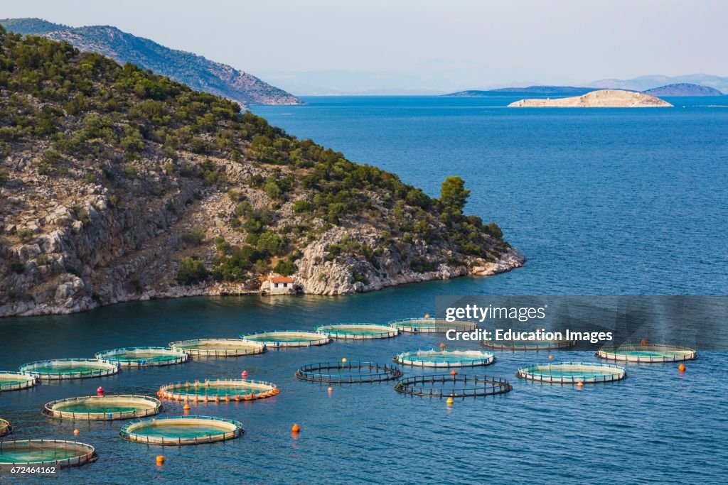 Fish farming or pisciculture, near Korfos, Peloponnese, Greece.