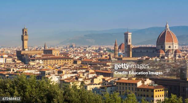 Florence, Florence Province, Tuscany, Italy, Overall view to the historic center of the city, From left, Palazzo Vecchio, Campanile and the Duomo,...