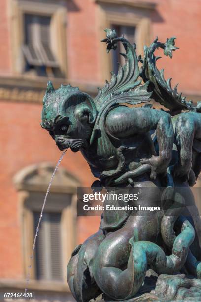 Florence, Florence Province, Tuscany, Italy, Piazza della Santissima Annunziata, Detail of fountain featuring grotesque creatures by Italian sculptor...