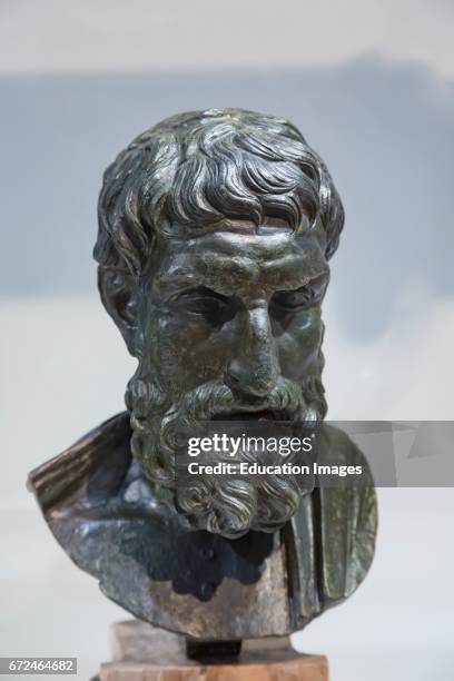Epicurus, 341_270 BC, Ancient Greek philosopher and founder of Epicureanism, Bronze, 3rd century BC Roman copy of a Greek original found in the Villa...