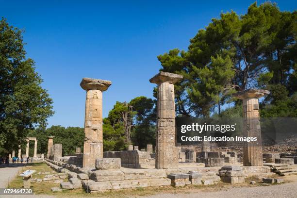 Olympia, Peloponnese, Greece, Ancient Olympia, Remains of the Temple of Hera, dating from the end of the 7th century BC, Ancient Olympia is a UNESCO...