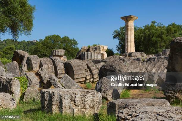 Olympia, Peloponnese, Greece, Ancient Olympia, Ruins of the 5th century BC Doric order Temple of Zeus, Ancient Olympia is a UNESCO World Heritage...