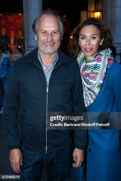 Actors Hippolyte Girardot and Charlotte des Georges attend "La Recompense" Theater Play at Theatre Edouard VII on April 24, 2017 in Paris, France.