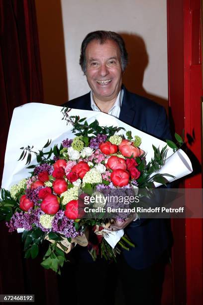 Actor of the piece, Daniel Russo poses after "La Recompense" Theater Play at Theatre Edouard VII on April 24, 2017 in Paris, France.