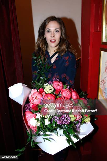 Actress of the piece Alysson Paradis pose after "La Recompense" Theater Play at Theatre Edouard VII on April 24, 2017 in Paris, France.