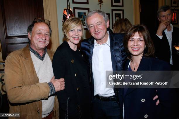 Michel Ansault, his wife Chantal Ladesou, Yann Queffelec and his wife Servanne attend "La Recompense" Theater Play at Theatre Edouard VII on April...