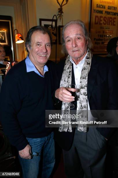 Actor of the play Daniel Russo and Claude Zidi attend "La Recompense" Theater Play at Theatre Edouard VII on April 24, 2017 in Paris, France.