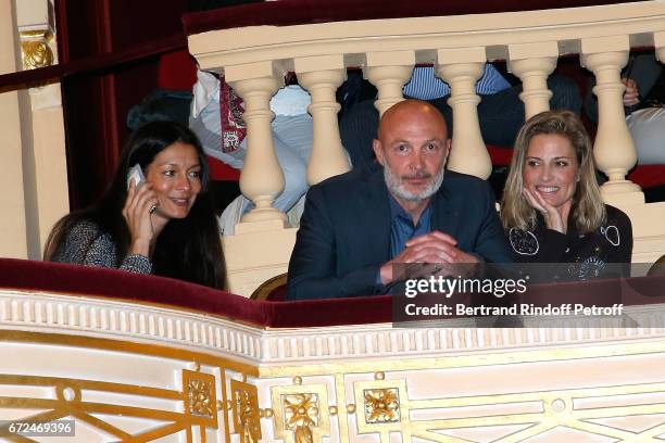 Franck Leboeuf sitting between his wife and Christine Lemler attend "La Recompense" Theater Play at Theatre Edouard VII on April 24, 2017 in Paris,...