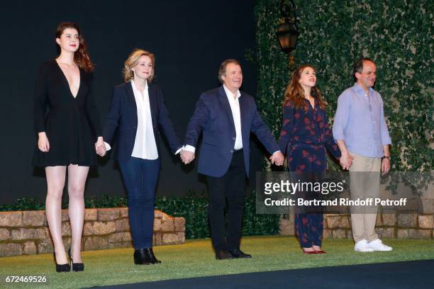 Actors of the piece, Alice Dessuant, Anne Jacquemin, Daniel Russo, Alysson Paradis and Lionel Abelanski acknowledge the applause of the audience at...