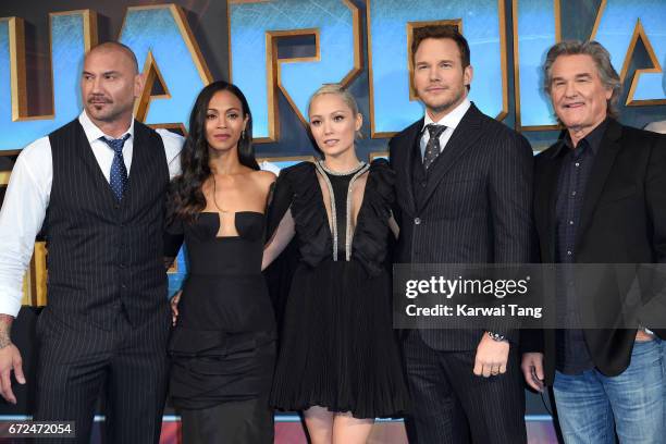 Dave Bautista, Zoe Saldana, Pom Klementieff, Chris Pratt and Kurt Russell attend the European Gala screening of "Guardians of the Galaxy Vol. 2" at...