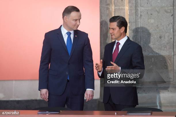 President of Poland, Andrzej Duda and President of Mexico Enrique Pena Nieto attend a joint press conference at the National Palace in Mexico City,...