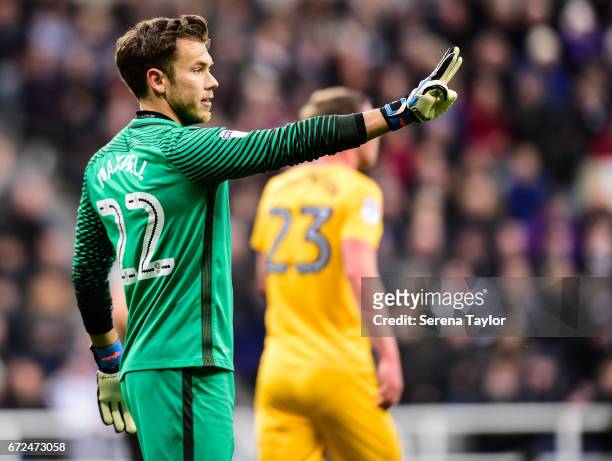 Preston North End Goalkeeper Chris Maxwell points his fingers during the Sky Bet Championship match between Newcastle United and Preston North End at...