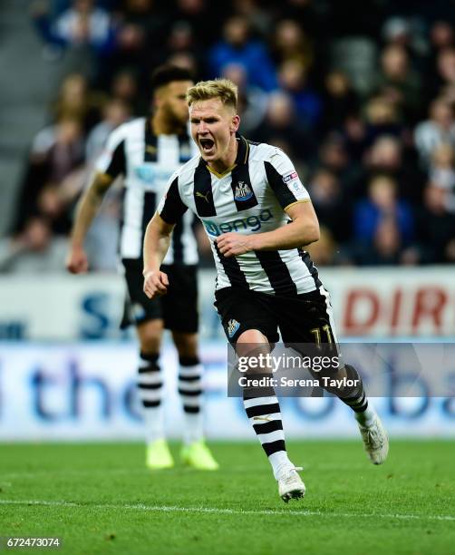 Matt Ritchie of Newcastle United celebrates after taking a quick free kick and scores a disallowed goal during the Sky Bet Championship match between...