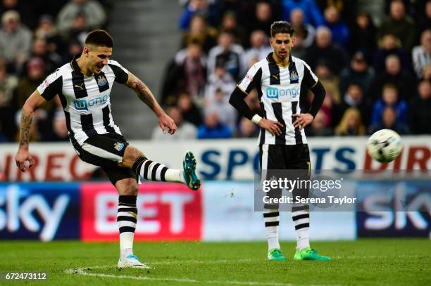 Aleksandar Mitrovic of Newcastle United takes a free kick during the Sky Bet Championship match between Newcastle United and Preston North End at...