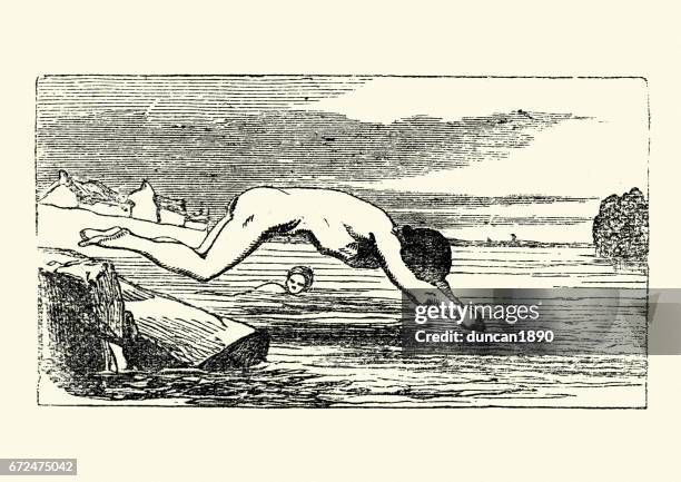 victorian boys swimming in a river, c.1880 - skinny dipping stock illustrations