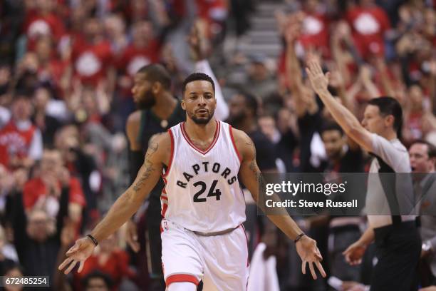 Toronto Raptors guard Norman Powell celebrates a three as the Toronto Raptors play Milwaukee Bucks in game 5 of their first round NBA play-off at the...
