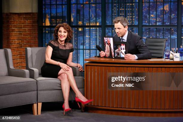 Episode 516 -- Pictured: Actress Andrea Martin during an interview with host Seth Meyers on April 24, 2017 --