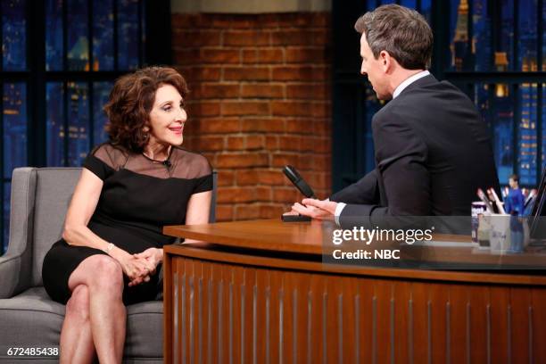 Episode 516 -- Pictured: Actress Andrea Martin during an interview with host Seth Meyers on April 24, 2017 --