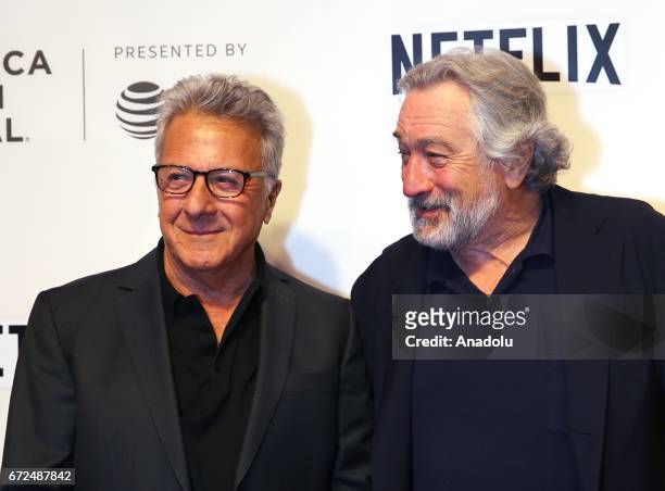 Dustin Hoffman and Robert De Niro attend Tribeca Talks: Noah Baumbach at BMCC Tribeca PAC in New York City, United States on April 24, 2017.