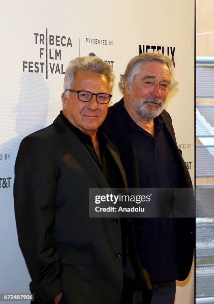 Dustin Hoffman and Robert De Niro attend Tribeca Talks: Noah Baumbach at BMCC Tribeca PAC in New York City, United States on April 24, 2017.