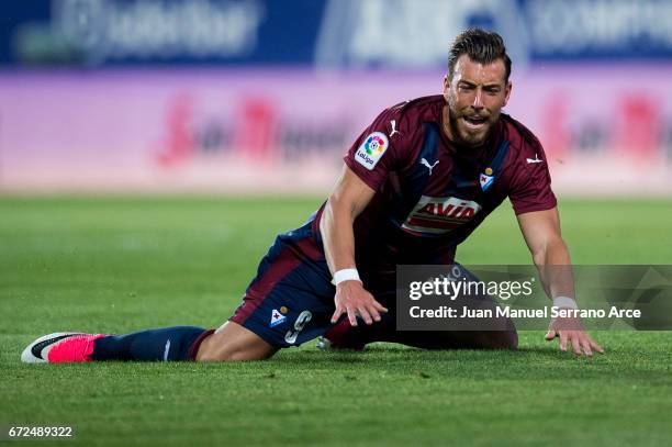 Sergi Enrich of SD Eibar reacts during the La Liga match between SD Eibar and Athletic Club at Ipurua Municipal Stadium on on April 24, 2017 in...