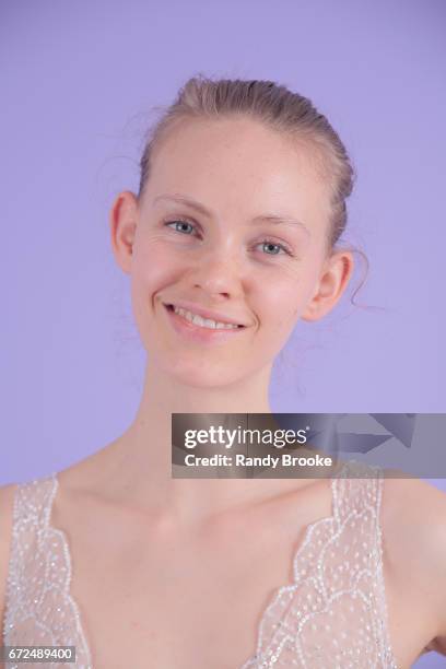 Model poses on seamless paper at the Isabelle Armstrong Spring 2018 bridal presentation during New York Fashion Week: Bridal April 2017 at The London...