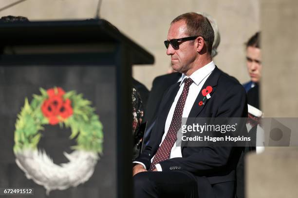 Labour leader Andrew Little looks on during the Anzac Day National Commemoration Service at Pukeahu National War Memorial Park on April 25, 2017 in...