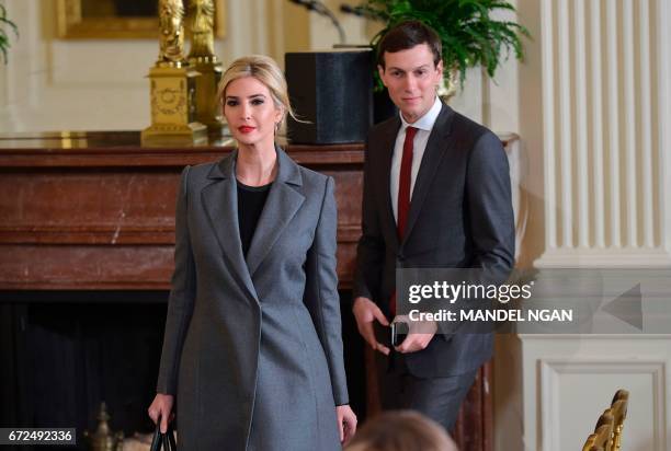 Ivanka Trump and Jared Kushner arrive for a joint press conference by US President Donald Trump and Israel's Prime Minister Benjamin Netanyahu in the...