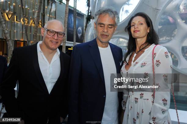 Craig Robins, Andrea Bocelli and his wife Veronica Berti attend the Vhernier launch with Andrea Bocelli on April 24, 2017 in Miami, Florida.