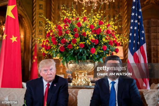 President Donald Trump sits with Chinese President Xi Jinping during a bilateral meeting at the Mar-a-Lago estate in West Palm Beach, Florida, on...