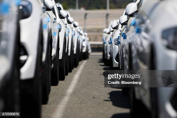 Hyundai Motor Co. Vehicles bound for export await shipment at a port near the company's Ulsan plant in Ulsan, South Korea, on Monday, April 24, 2017....